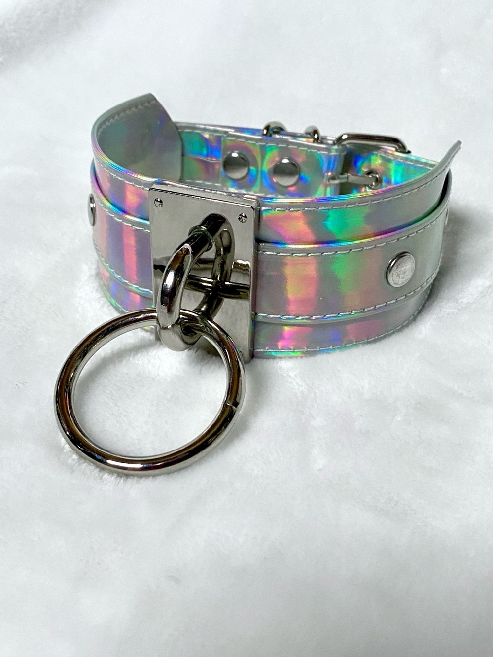 Silver Iridescent Hologram O-Ring Bondage Choker Cyber Grunge Rave Goth